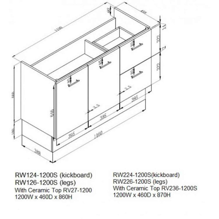 600-1500*460*850mm Roma Slim China Top with T Bar Handle Standard Wall Hung Vanity