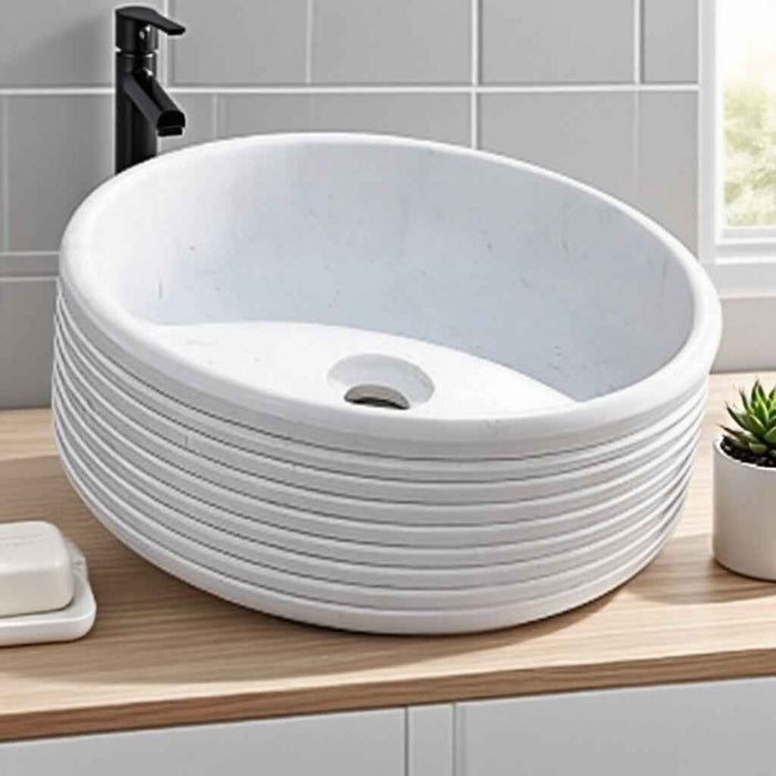 420*135mm Sunny Tile Calacatta White Round Circular Fluted Above Counter Basin
