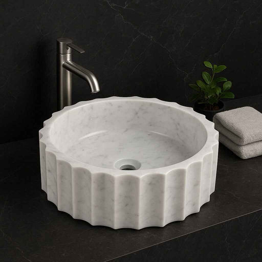 400*130mm Sunny Tile Calacatta White Round Vertical Fluted Above Counter Basin