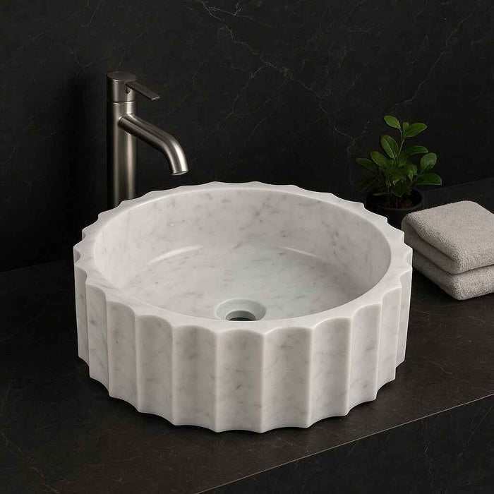 400*130mm Sunny Tile Calacatta White Round Vertical Fluted Above Counter Basin