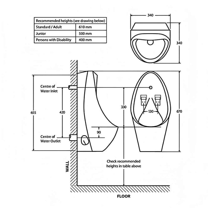 340*340*670mm Fienza Isabella Gloss White With Zip FlushMaster Twin Stall Urinal Kit