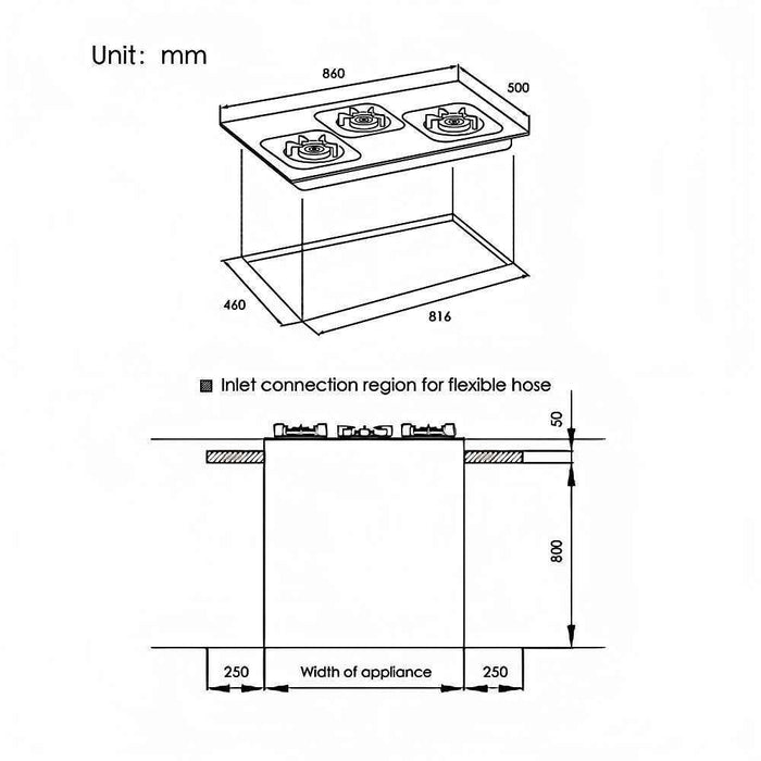 860mm Fotile Matt Black 3 Burner Tempered Glass Super large Drip Pan Natural Gas Cooktop