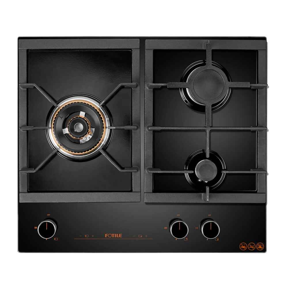 600mm Fotile Matt Black 3 Burner Intelligent Timing Tempered Glass ...