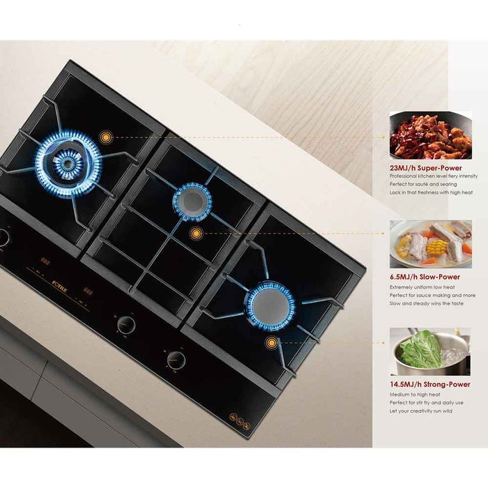 900mm Fotile Matt Gray 3 Burner 23MJ/h Intelligent Timing Tempered Glass Cooktop