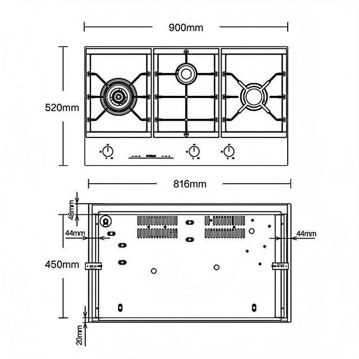 900mm Fotile Matt Gray 3 Burner 23MJ/h Intelligent Timing Tempered Glass Cooktop