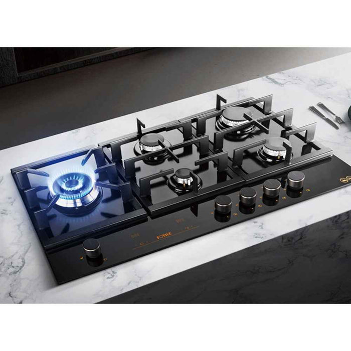 900mm Fotile Matt Black 5 Burner 23MJ/h Intelligent Timing Tempered Glass Gas Cooktop