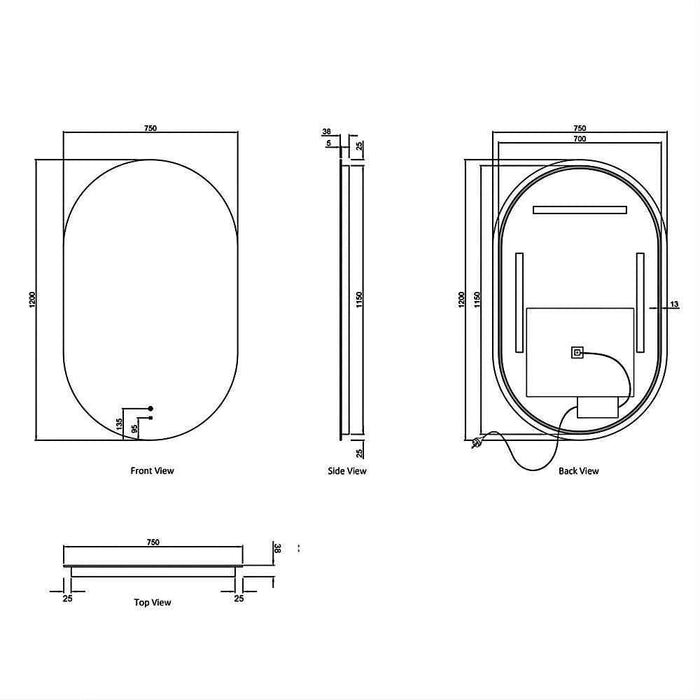 1200-1800*750mm Otti Noosa Frameless Install Horizaontal Or Vertical Tuffi Anti-fog LED Mirror