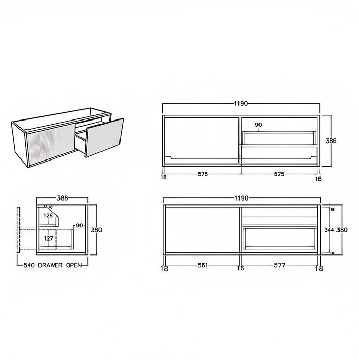 600-1500*386*380mm Poseidon CETO Bellevue Ensuite Costal Oak Slim Door Fluted MDF Wall Hung Vanity