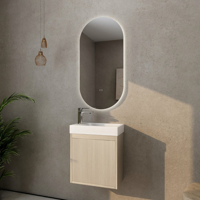 440*245*450mm Poseidon CETO Bellevue Ensuite Coastal Oak Slim Door Left Drawer Fluted MDF Wall Hung Vanity