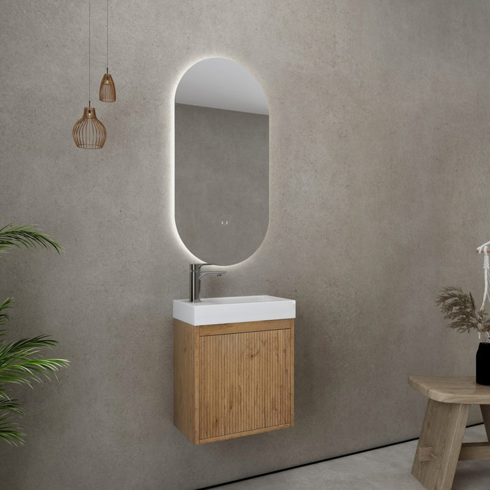 440*245*450mm Poseidon CETO Bellevue Ensuite Prime Oak Slim Door Left Drawer Fluted MDF Wall Hung Vanity