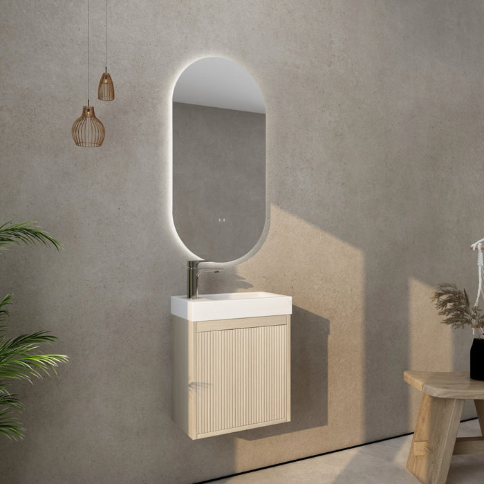 440*245*450mm Poseidon CETO Bellevue Ensuite Coastal Oak Slim Door Left Drawer Fluted MDF Wall Hung Vanity