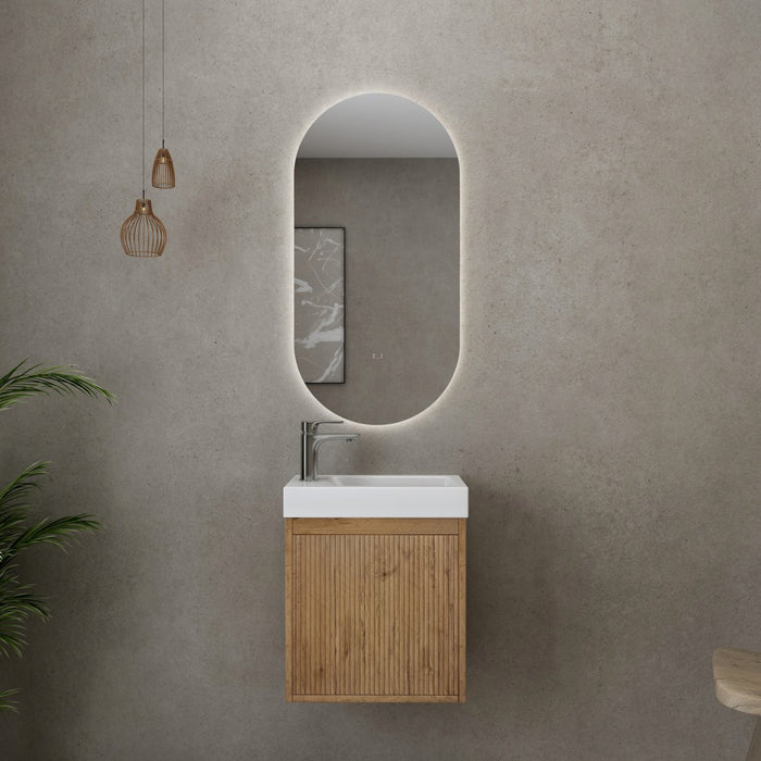 440*245*450mm Poseidon CETO Bellevue Ensuite Prime Oak Slim Door Left Drawer Fluted MDF Wall Hung Vanity