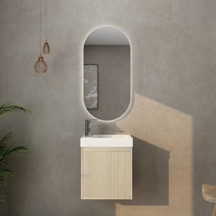 440*245*450mm Poseidon CETO Bellevue Ensuite Coastal Oak Slim Door Left Drawer Fluted MDF Wall Hung Vanity