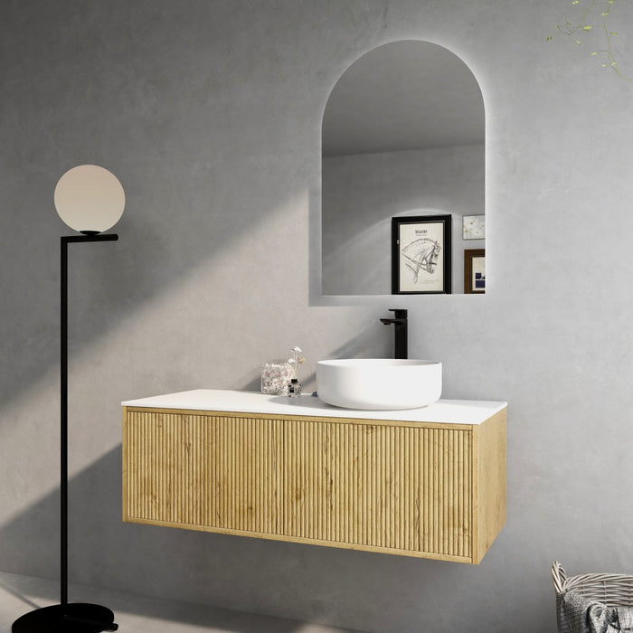 600-1500*386*380mm Poseidon CETO Bellevue Ensuite Prime Oak Slim Door Fluted MDF Wall Hung Vanity
