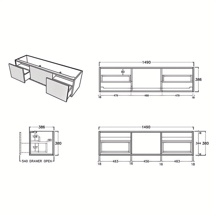 600-1500*386*380mm Poseidon CETO Bellevue Ensuite Costal Oak Slim Door Fluted MDF Wall Hung Vanity