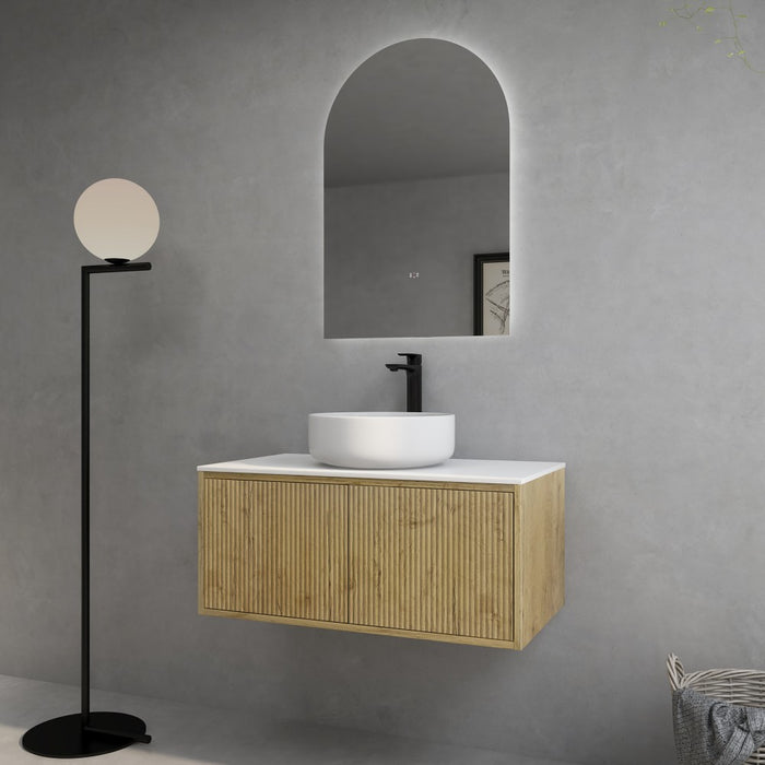 600-1500*386*380mm Poseidon CETO Bellevue Ensuite Prime Oak Slim Door Fluted MDF Wall Hung Vanity