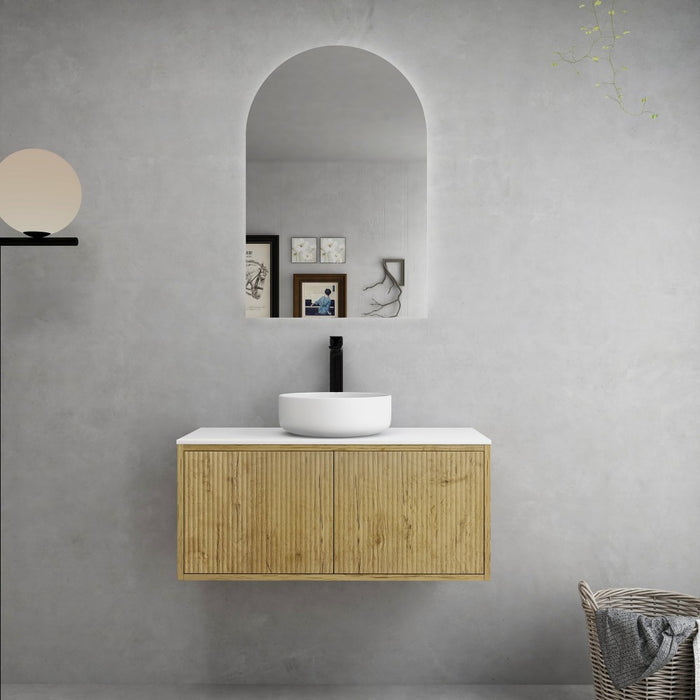 600-1500*386*380mm Poseidon CETO Bellevue Ensuite Prime Oak Slim Door Fluted MDF Wall Hung Vanity