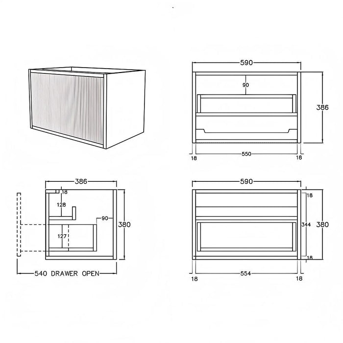 600-1500*386*380mm Poseidon CETO Bellevue Ensuite Prime Oak Slim Door Fluted MDF Wall Hung Vanity