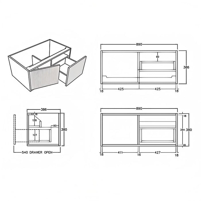 600-1500*386*380mm Poseidon CETO Bellevue Ensuite Costal Oak Slim Door Fluted MDF Wall Hung Vanity