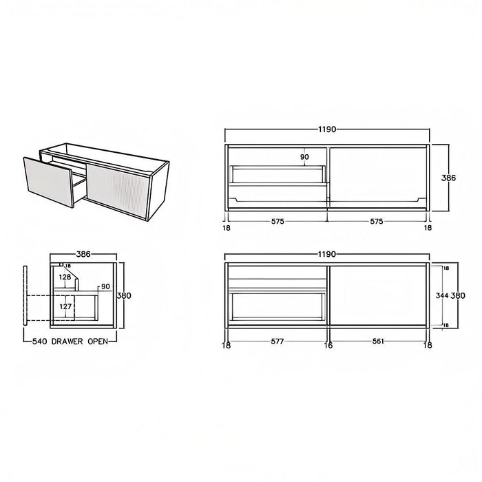 600-1500*386*380mm Poseidon CETO Bellevue Ensuite Prime Oak Slim Door Fluted MDF Wall Hung Vanity