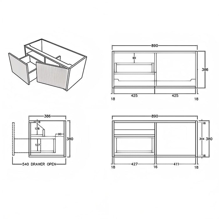 600-1500*386*380mm Poseidon CETO Bellevue Ensuite Costal Oak Slim Door Fluted MDF Wall Hung Vanity