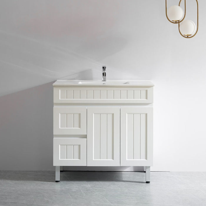 600-900*370*880mm Poseidon CETO Acacia Matt White Waterproof PVC Slim Fluted Freestanding Vanity