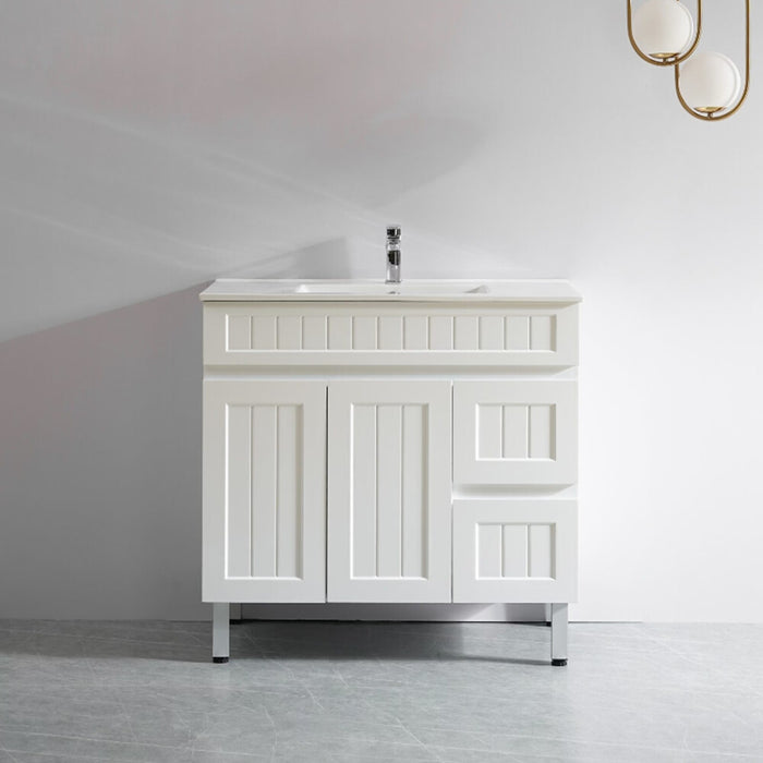 600-900*370*880mm Poseidon CETO Acacia Matt White Waterproof PVC Slim Fluted Freestanding Vanity