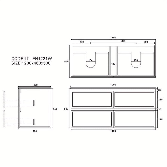600-1500*460*500mm Lukka Hamilton Federation Matt Black PVC Wall Hung Vanity