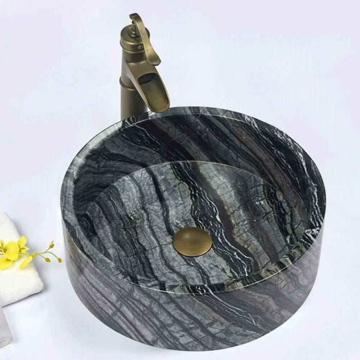 420*420*140mm Infinity Black Diagonal Striped Marble Stone Round Above Counter Art Basin