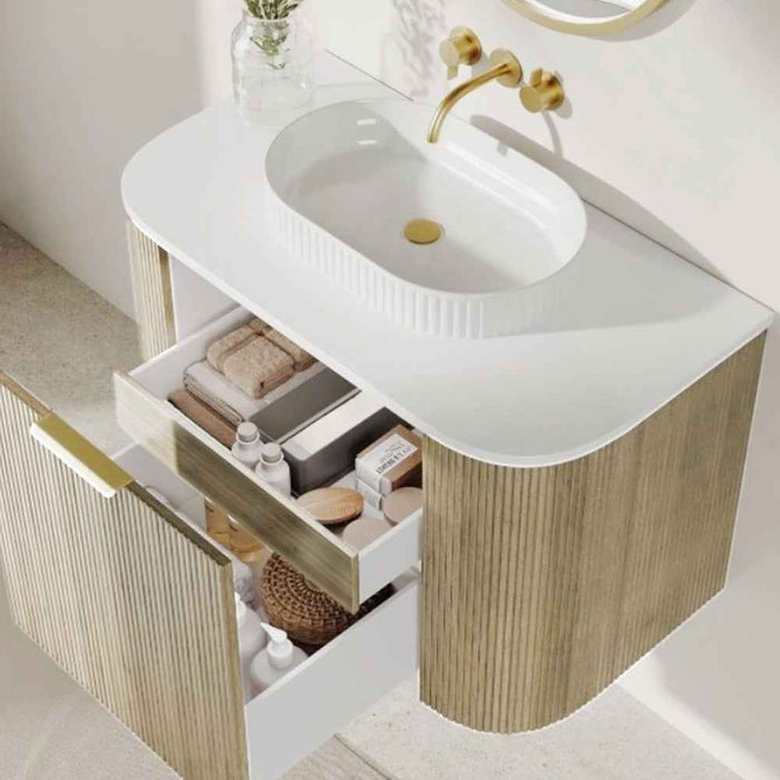600-1500*500*470mm Poseidon CETO Artis Classic Oak PVC With Inner Drawer Fluted Curved Wall Hung Vanity