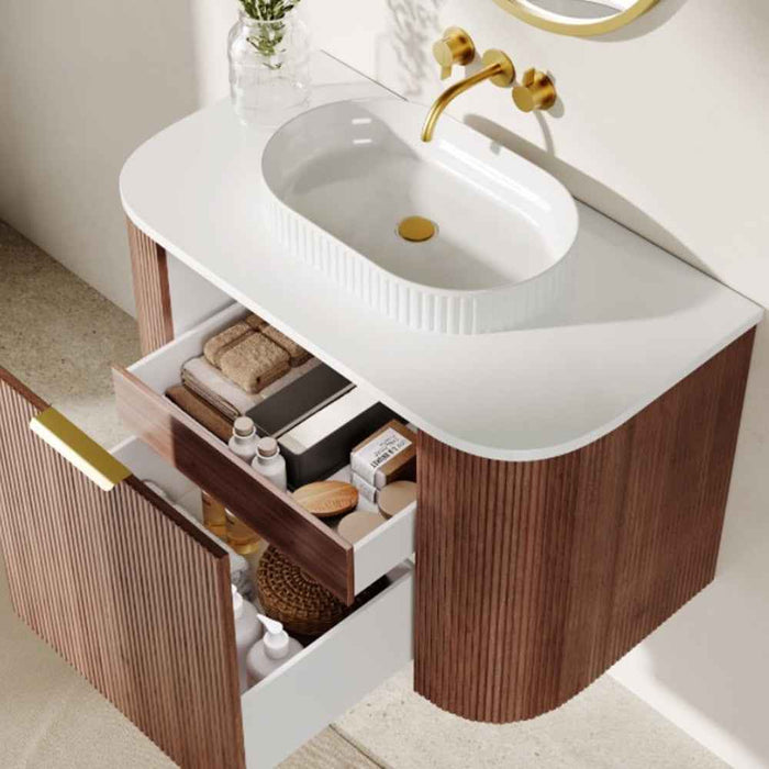 600-1500*500*470mm Poseidon CETO Artis Walnut PVC With Inner Drawer Fluted Curved Wall Hung Vanity
