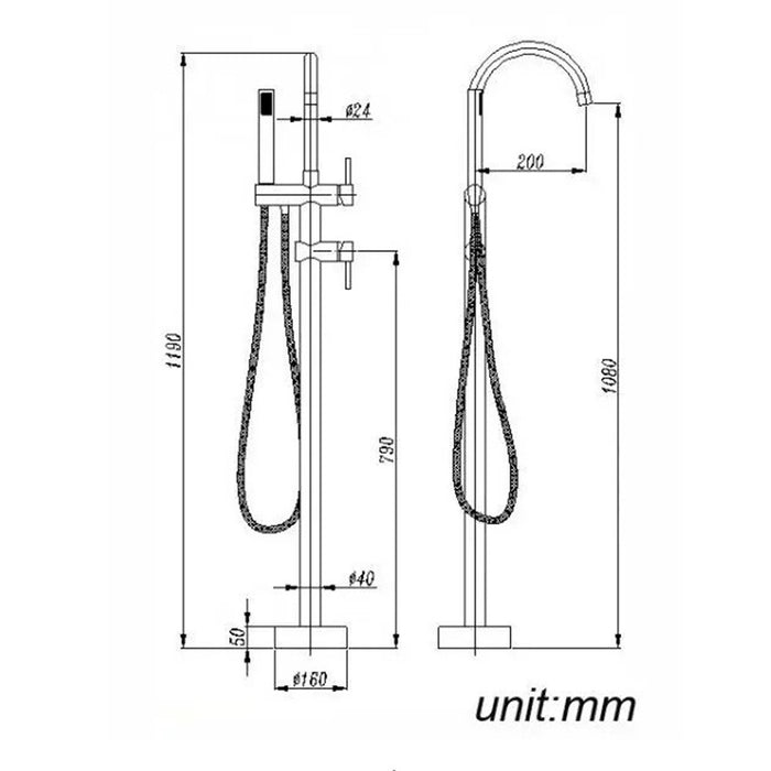 1200mm Aquaperla Norico Pentro Solid Brass Round Freestanding Bath Spout & Handheld Shower