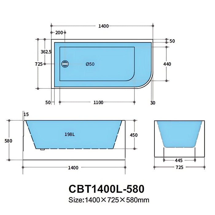 1300-1700*730*580mm Poseidon CBT Matt White Rectangle Acrylic Back To Wall Corner Back Bathtub