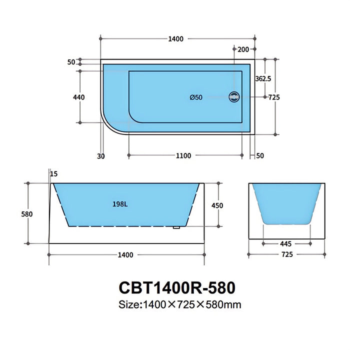 1300-1700*730*580mm Poseidon CBT Matt White Rectangle Acrylic Back To Wall Corner Back Bathtub