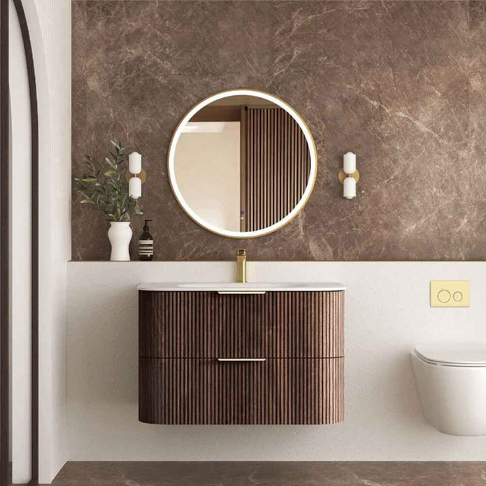 Otti Havana Sable Walnut Fluted Curve Wall-Hung Vanity in a bright, airy bathroom