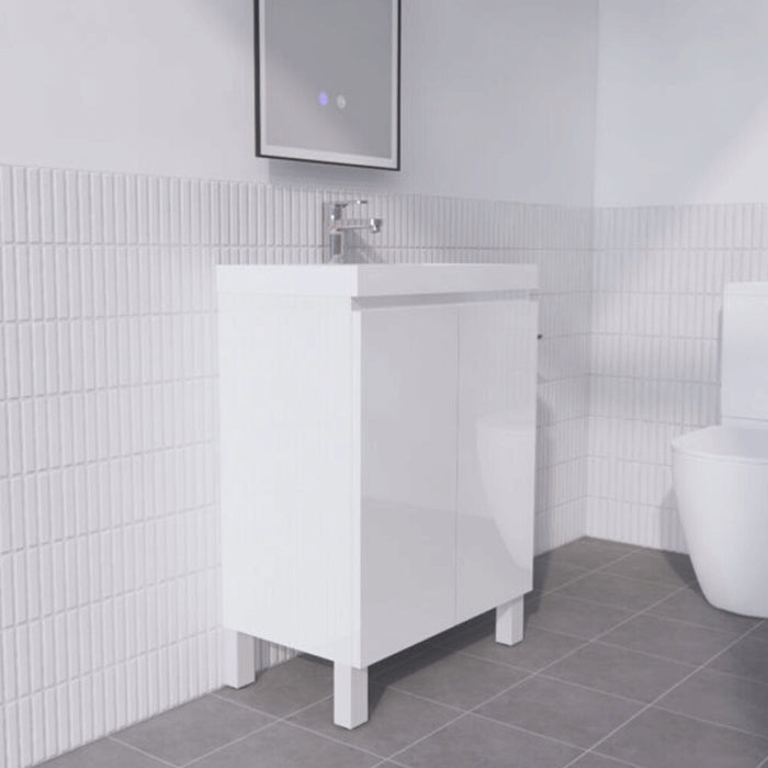 600*360*850mm ABS Gloss White MDF Floorstanding Mini Narrow Vanity With Poly Marble Top