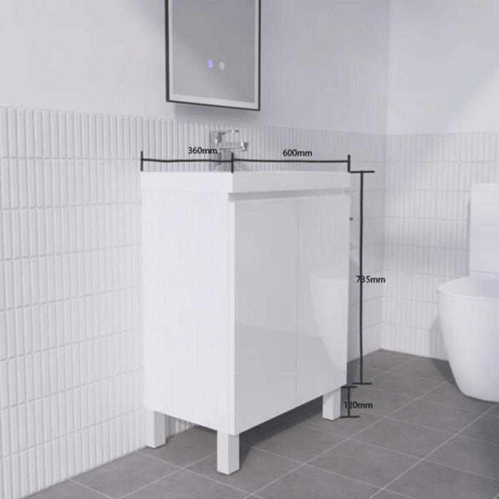 600*360*850mm ABS Gloss White MDF Floorstanding Mini Narrow Vanity With Poly Marble Top