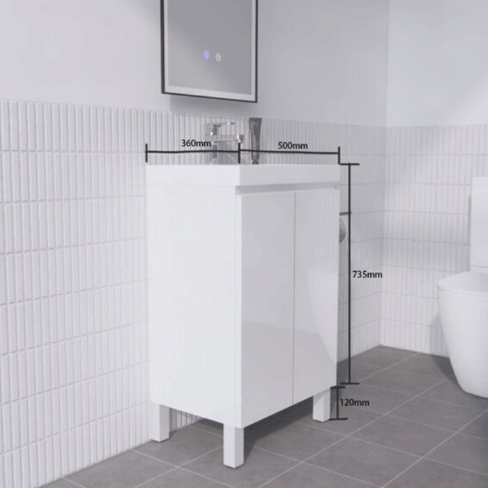500*350*850mm ABS Gloss White MDF Floorstanding Mini Narrow Vanity With Poly Marble Top