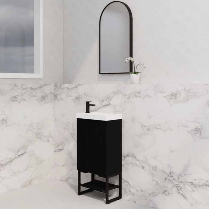 450*250*830mm ABS Vienna Matt Black Freestanding One Door Mini Vanity With Poly Marble top