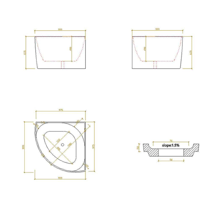 1000*1000*635mm Infinity Gloss White Acrylic No Overflow Corner Bathtub