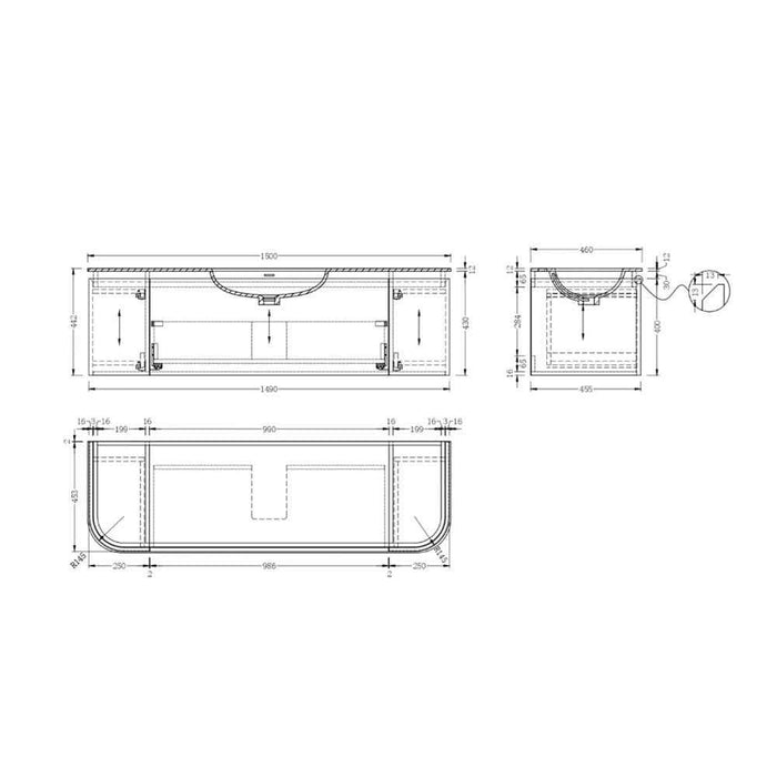 900-1500*455*430mm Infinity FELIX Walnut Plywood With One Main Drawer And Two Side Drawers Wall Hung Vanity