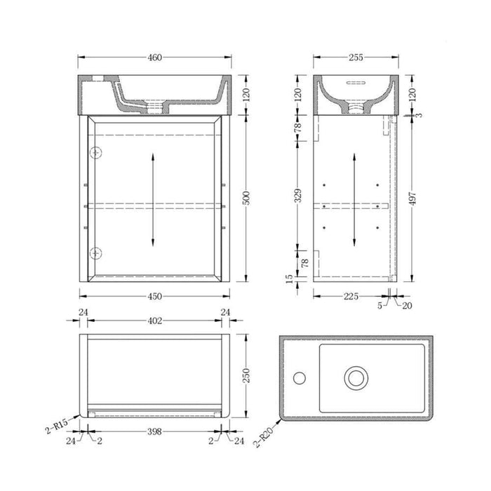 450*250*500mm Infinity FELIX Walnut Plywood With Single Door Wall Hung Vanity