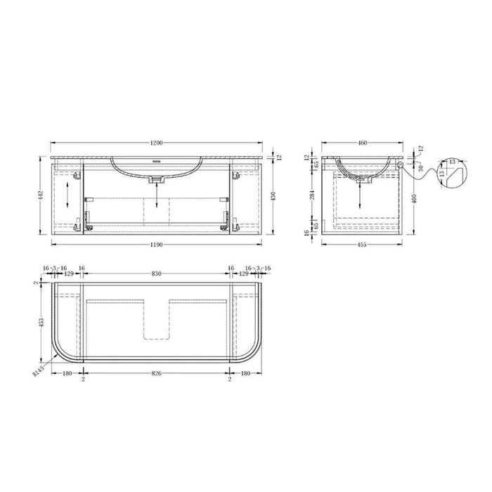 900-1500*455*430mm Infinity FELIX Walnut Plywood With One Main Drawer And Two Side Drawers Wall Hung Vanity