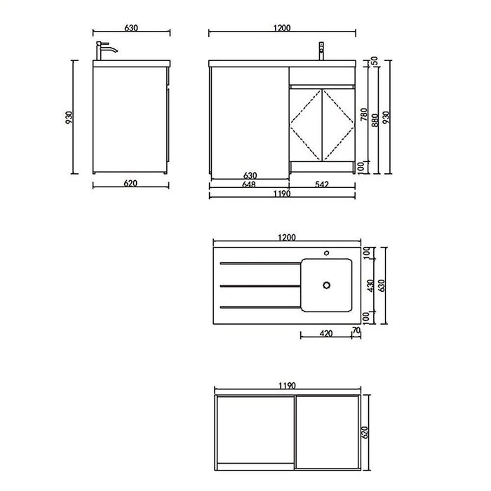 1200*630*930 BTH White Stainless Steel Wire Drawing Board Laundry Cabinet With Polymarble Bench Top
