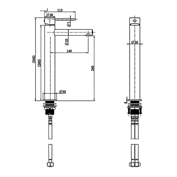 308mm Modernnational Star Mini Round Brass With Knurled Handle High Rise Basin Mixer