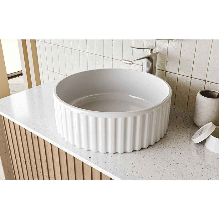 1200mm Sunny BPA MDF Cabinet With Handle With Sintered Stone Top With Flutted Ceramic Basin With Silver Mirror Wall Hung Vanity