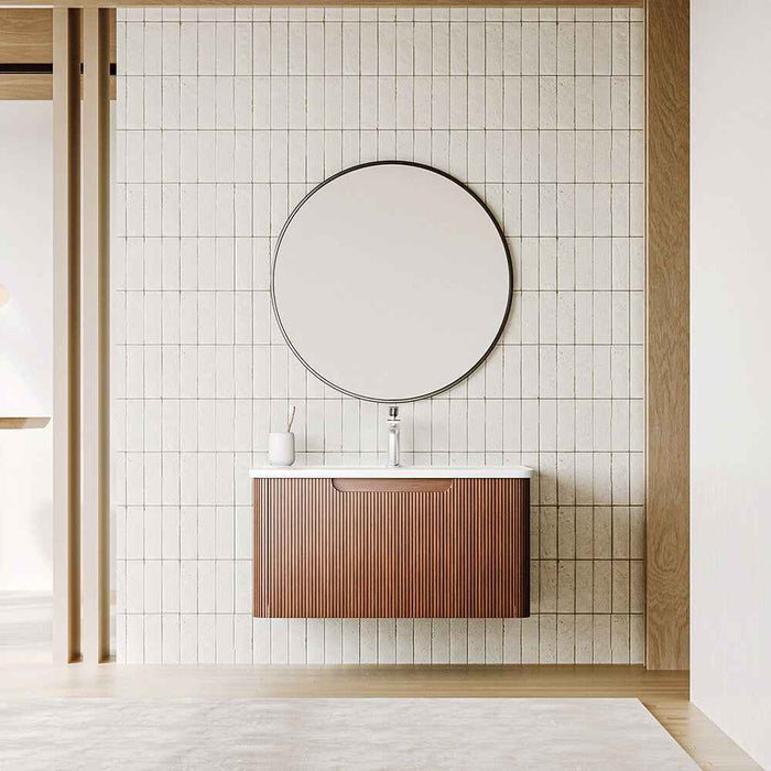 900mm Sunny BPA MDF Cabinet With One Drawer With Ceramic Basin With Black Frame Round Silver Mirror Wall Hung Vanity