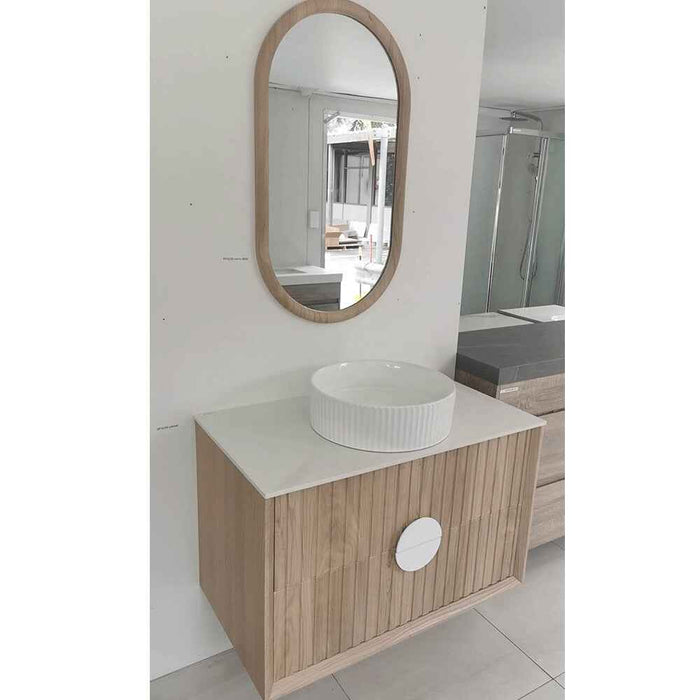 900mm Sunny BPA MDF Cabinet With Handle With Sintered Stone Top With Flutted Ceramic Basin With Silver Mirror Wall Hung Vanity