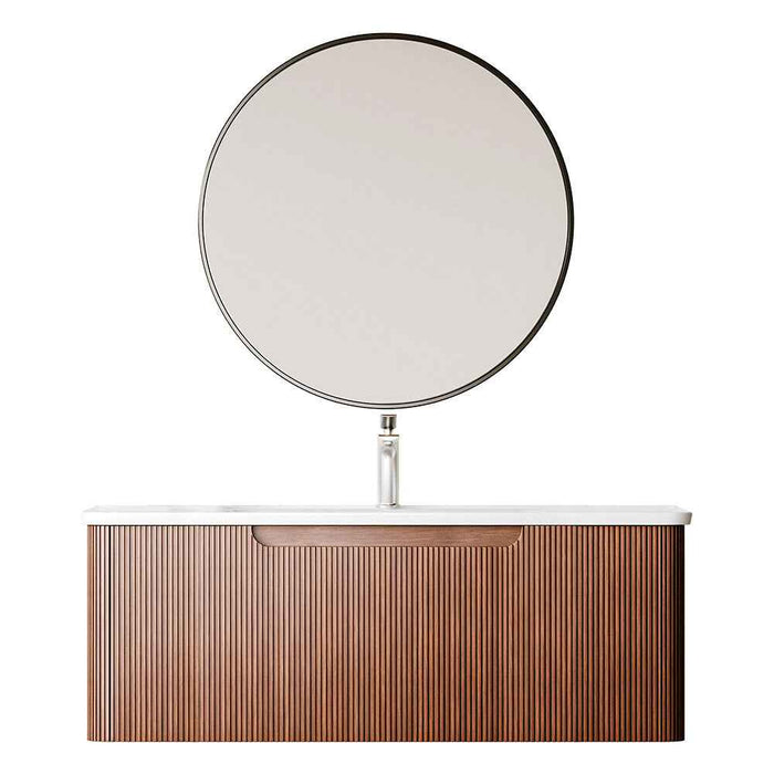 900mm Sunny BPA MDF Cabinet With One Drawer With Ceramic Basin With Black Frame Round Silver Mirror Wall Hung Vanity