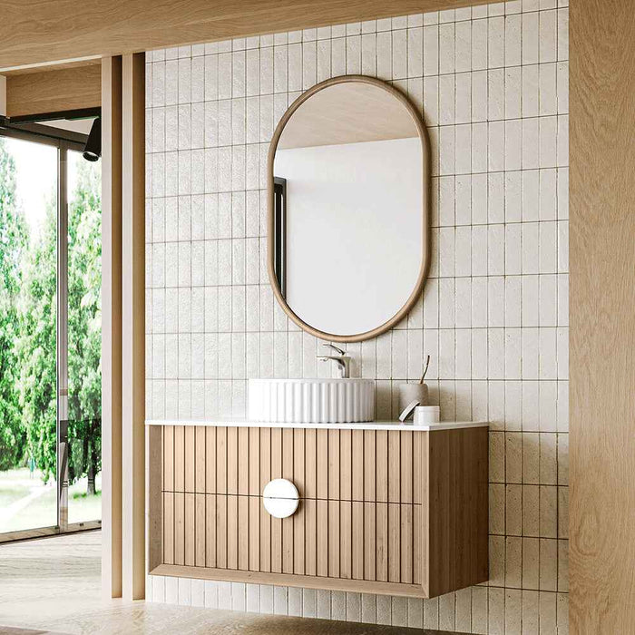 900mm Sunny BPA MDF Cabinet With Handle With Sintered Stone Top With Flutted Ceramic Basin With Silver Mirror Wall Hung Vanity